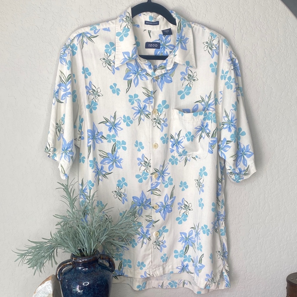 Men’s 100% Silk Hawaiian Floral Short-Sleeve Button-Up Shirt Washable Silk